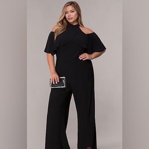 High neckline sleeveless Cold shoulder wide leg classy cocktail Navy jumpsuit